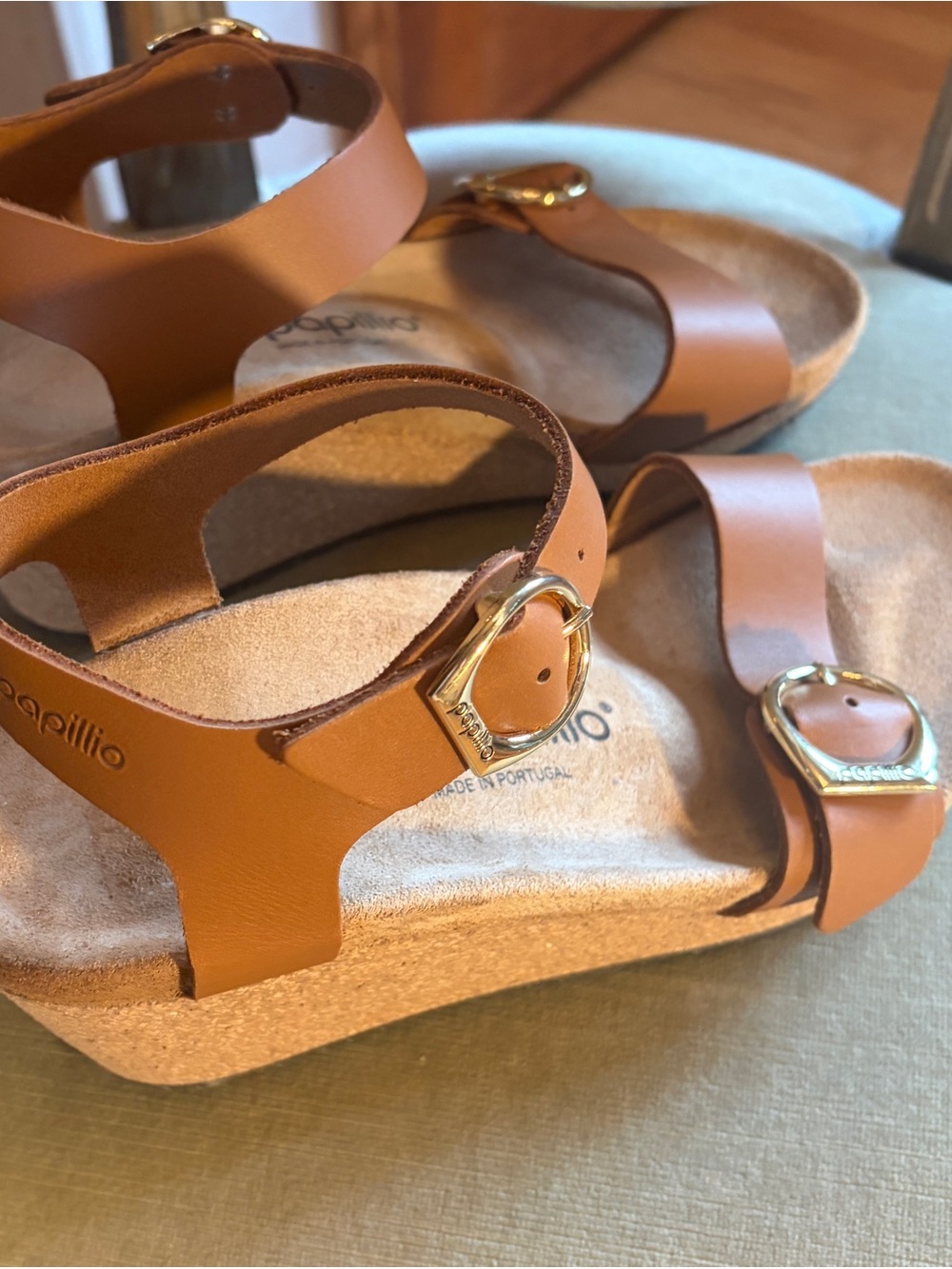 BIRKENSTOCK PAPILLIO NEW $145 SOLEY Leather Wedge Sandals 38/7 Tan - Picture 3 of 5
